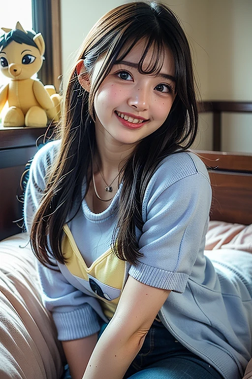 Japanese,Beautiful 6 years old,Baby Face、Upper body image、Ultra-flat chest:1.85、Ultra short height、An innocent smile、Flat Chestのクローズアップ、Flat Chest:1.85、cute,Primary school students,胸元が開いたPrimary school studentsの私服、Summer clothes、So small and so young、On the bed:1.85、She has her arms open wide waiting for a hug:1.85