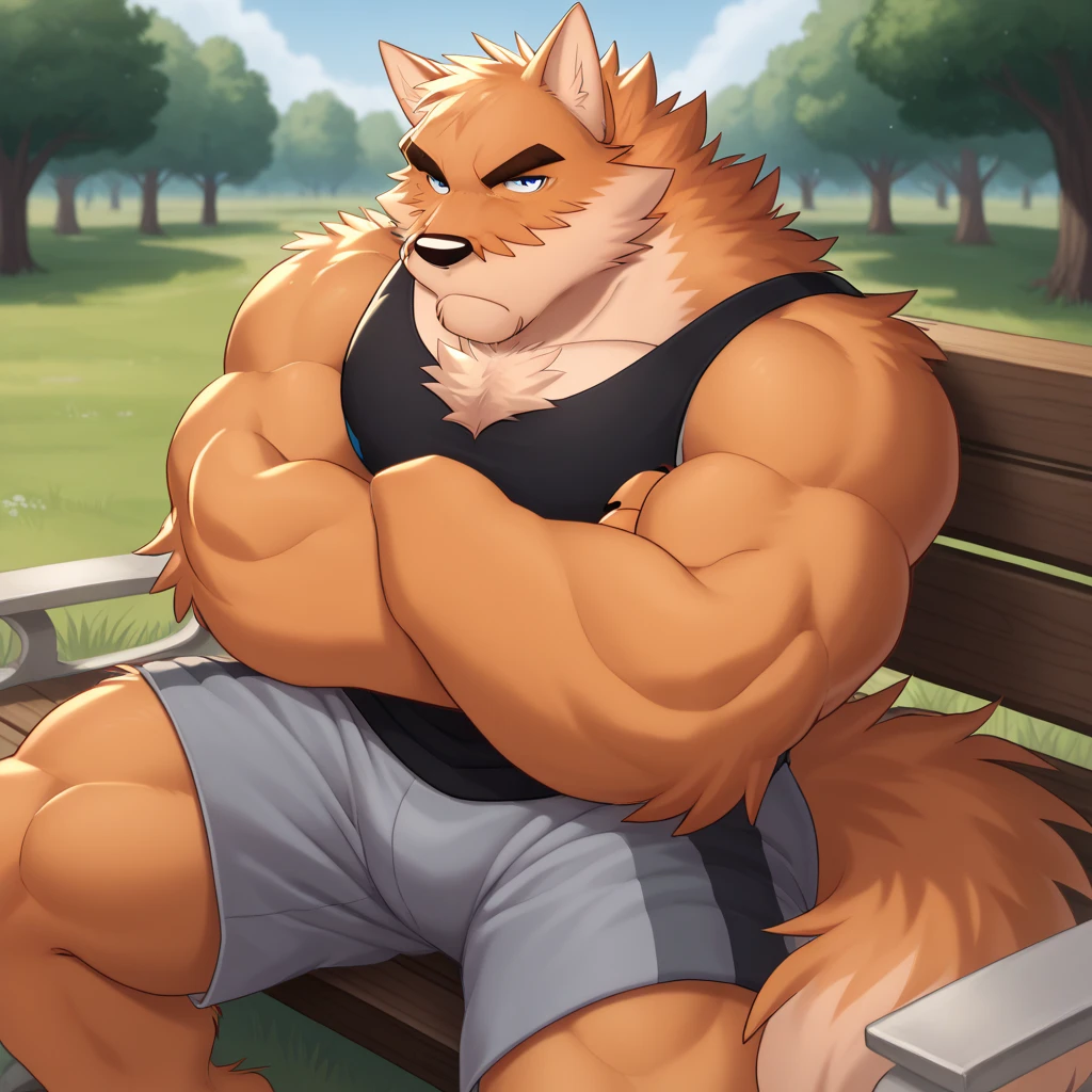 masterpiece, best quality, furry, wolf, handsome, athletic, sweaty, bright pupils, bara, musk, musky, , park, tree background, 