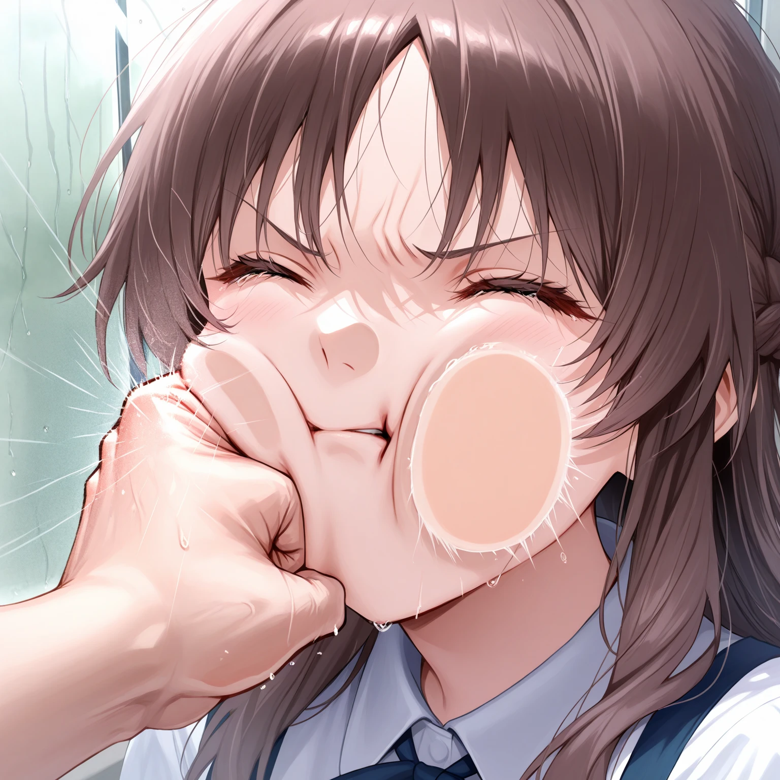 masterpiece, Highest quality, Nico_Yazawa,High resolution, 1 Girl, alone, Brown Hair, short hair, Twin tails、Purple eyes,  , , (Cleavage)、(Beautiful thighs), Carrying a red backpack, (randoseru backpack:1.2) 、Thick thighs、Highest quality、4K、1girl, 8years old, ,、、at the park、、Thick thighs、Men holding their  and surrounding girls、 from the 、、、（）projectile 、、Lots of passersby、、low length、、 of 、Open your mouth and stick out your tongue、