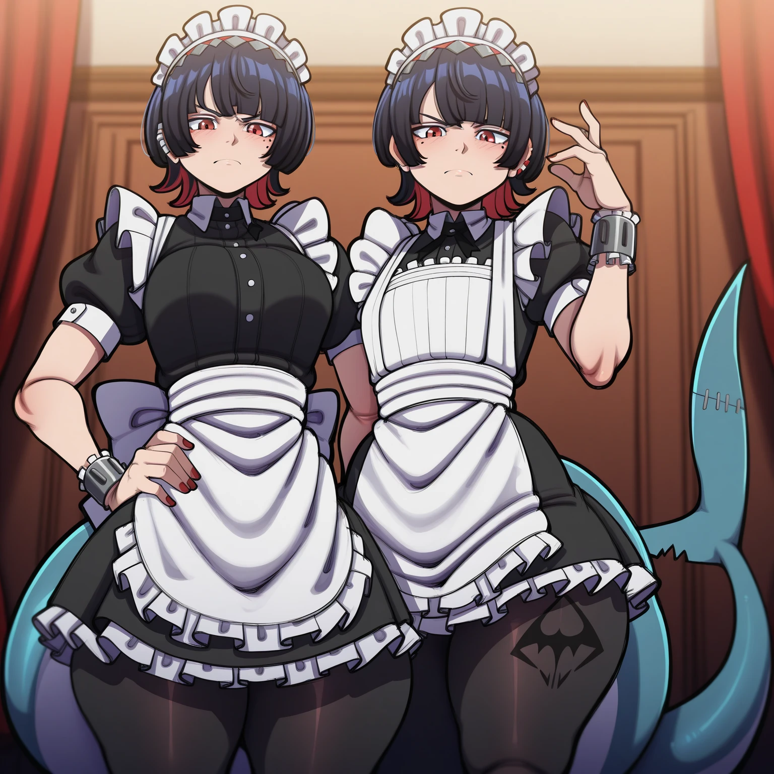 Shark girl, very sexy, big breasts, Maid bikini set, Stick out your tongue and drool.