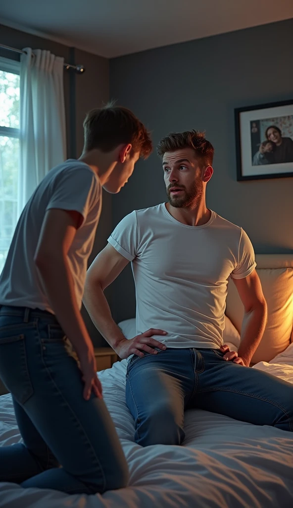 Create a hyper-realistic, high-resolution image showing two extremely handsome  brightly lit living room. The uncle man, aged 42, with short hair beginning to show signs of balding, is wearing dark pants and an open, extremely shiny blue nylon puffer jacket that exposes his slightly hairy chest and slightly prominent belly. He is kneeling on the floor, wearing a collar around his neck, being pulled by his nephew, a 26 yo man with a naturally attractive physique, dressed in a fitted shirt and casual pants. (((The nephew pulls the collar with a confident and authoritative expression, while the uncle, kneeling, looks up with a  expression))). The living room is warmly lit, with modern, comfortable decor that enhances the realism of the scene. The image should capture every detail with precision, emphasizing the interaction and contrast of roles between the two men.