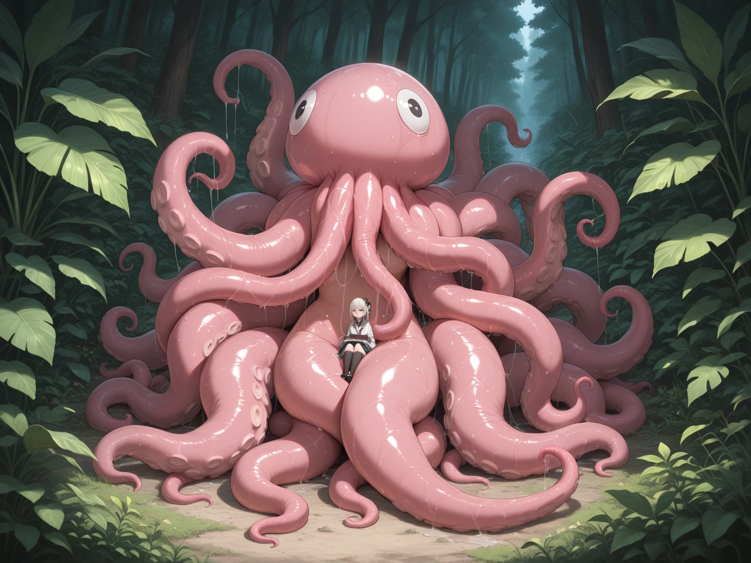 ((best quality)), ((highly detailed)), absurdres, (detailed eyes),((1girl,20 years old,solo,mature female,tall)),long hair,pink hair,(((white shirt,black standart tie,black skirt))),dynamic pose, cowboy shot, (((pink scylla))), (((pink octopus girl))), standing, (pink tentacles:1.33), (suction cups:1.33), (fused:1.33), ((pink tentacle legs)), squidlegs, ((underwater,sea, aurora,night)), serious,graceful,best hands