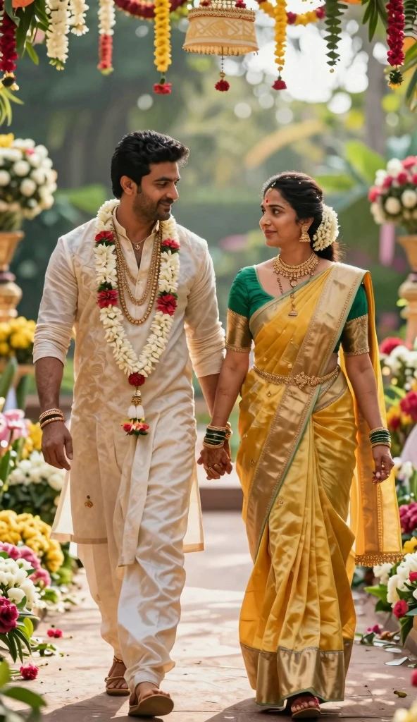 A radiant, full-figured plus sized South Indian 45 year old bride wearing a white colour silky saree standing hugging and kissing a 23 year old boy in a living room, , captured in a full-body image with vibrant hues and meticulous details. Full body image