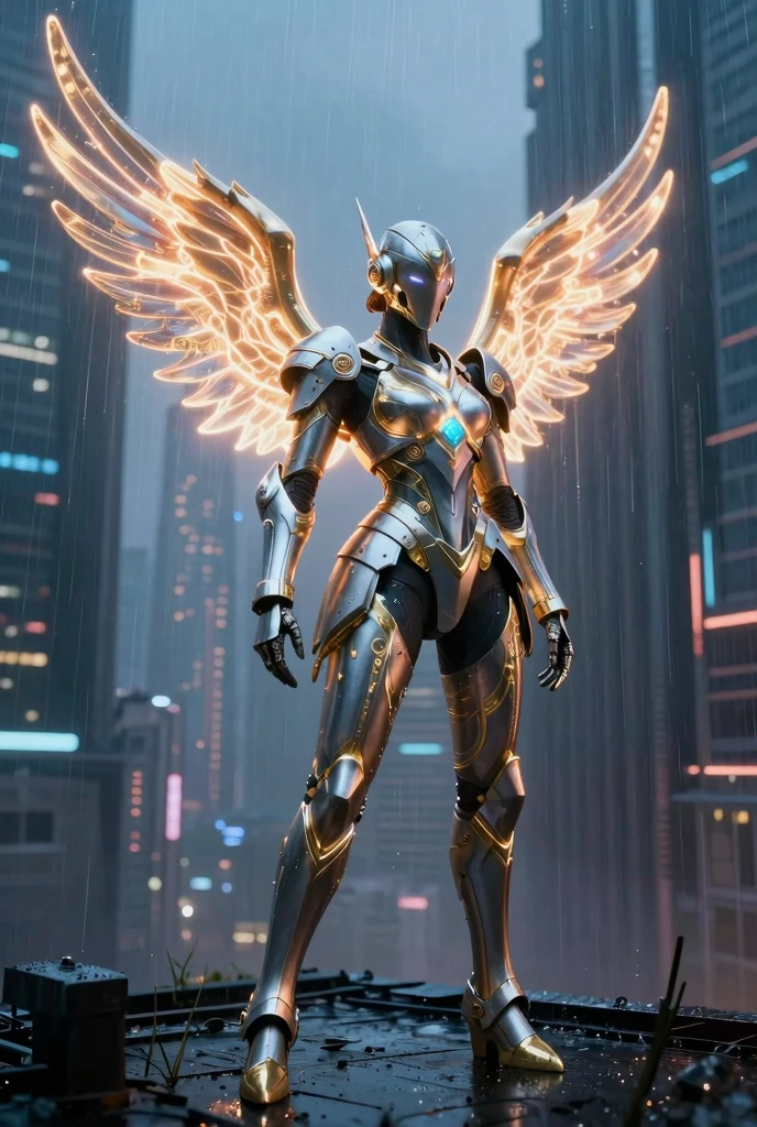 HUGE FAKE , (BEAUTIFUL GOLDEN, WHITE), FUTURISTIC DRAGON ARMOR GEAR, FUTURISTIC MECHA SUIT, (), ((LARGEST MECHANICAL ANGEL WINGS)), (TALL LEGS), FRONT, (STANDING),  BODY, MUSCLE ABS, UHD, 8K, 1080P.