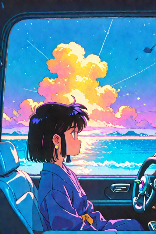 masterpiece, Highest quality, Rainbow Style, anime, Beautiful Asian Girl, tattoo, Sitting in a car, Along the Hawaiian Coast, Cute and dreamy,anime,Illustrator,LOFI Girl, ブルース,