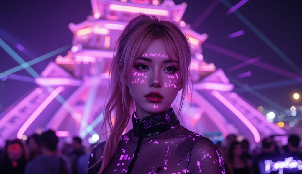 Night in Shibuya: Create ultra-realistic images of Eri from Morning Musume, Wearing a Halloween costume, Surrounded by the bustling cityscape of Shibuya at night. Neon lights in the city illuminated her, Highlights tips of her big  and . Her teeth shine white against the glow of the city. The image is、It is necessary to blend the vibrancy of Shibuya with the enchanting beauty of Eri. Medium: Photography, Style: Ultra HD Urban Realism, Lighting: Neon city lights with soft reflections, Colors: Vivid urban colors with the contrast of Eri's costumes, Composition: Canon EOS 5D Mark IV DSLR Camera, EF 50mm f/1.8 STM lens, Resolution 16k, ISO sensit: 200, Shutter Speed 1/60 second, Dynamic range to capture the lights and shadows of the city, Elipin has a sharp focus. --ar 16:9 - V5.1 --Style raw --Q 2 --S 750