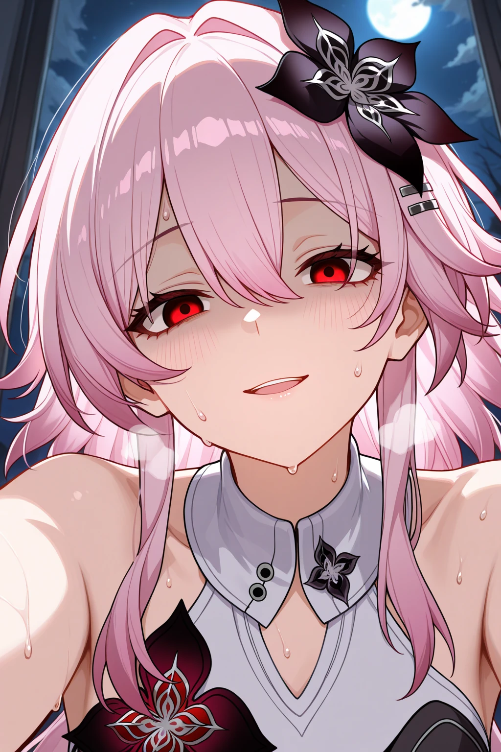 (masterpiece, best quality:1.2), 1girl, solo, Sonata, vampire, purple hair, in hads white tablet screen to viewer,  face and mouth