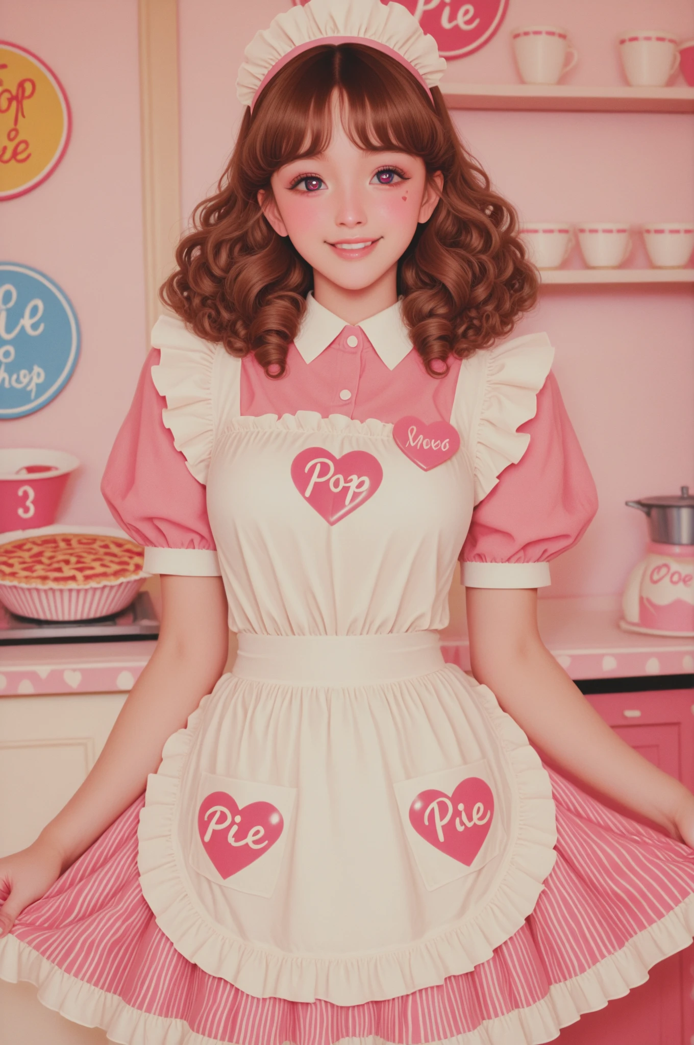 photo of a brunette pinup holding a cake in an apron in pinup style beautiful smile beautiful bakery bright light colors pastel  with polka dots posing in pinup style 