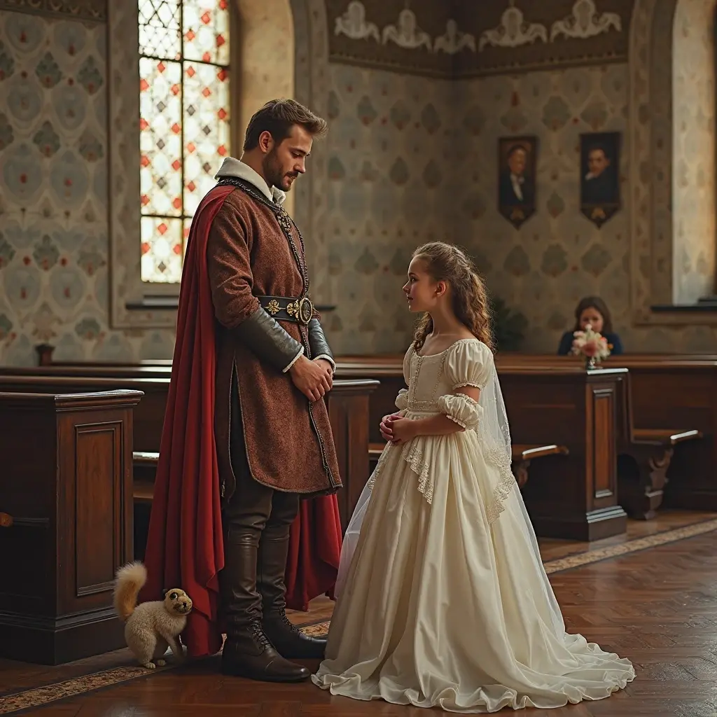 beautiful little medieval russian princess girl 9 year old being harassed and  in a dark room white dress by an older man 35 years old touching her legs, kissing her breasts