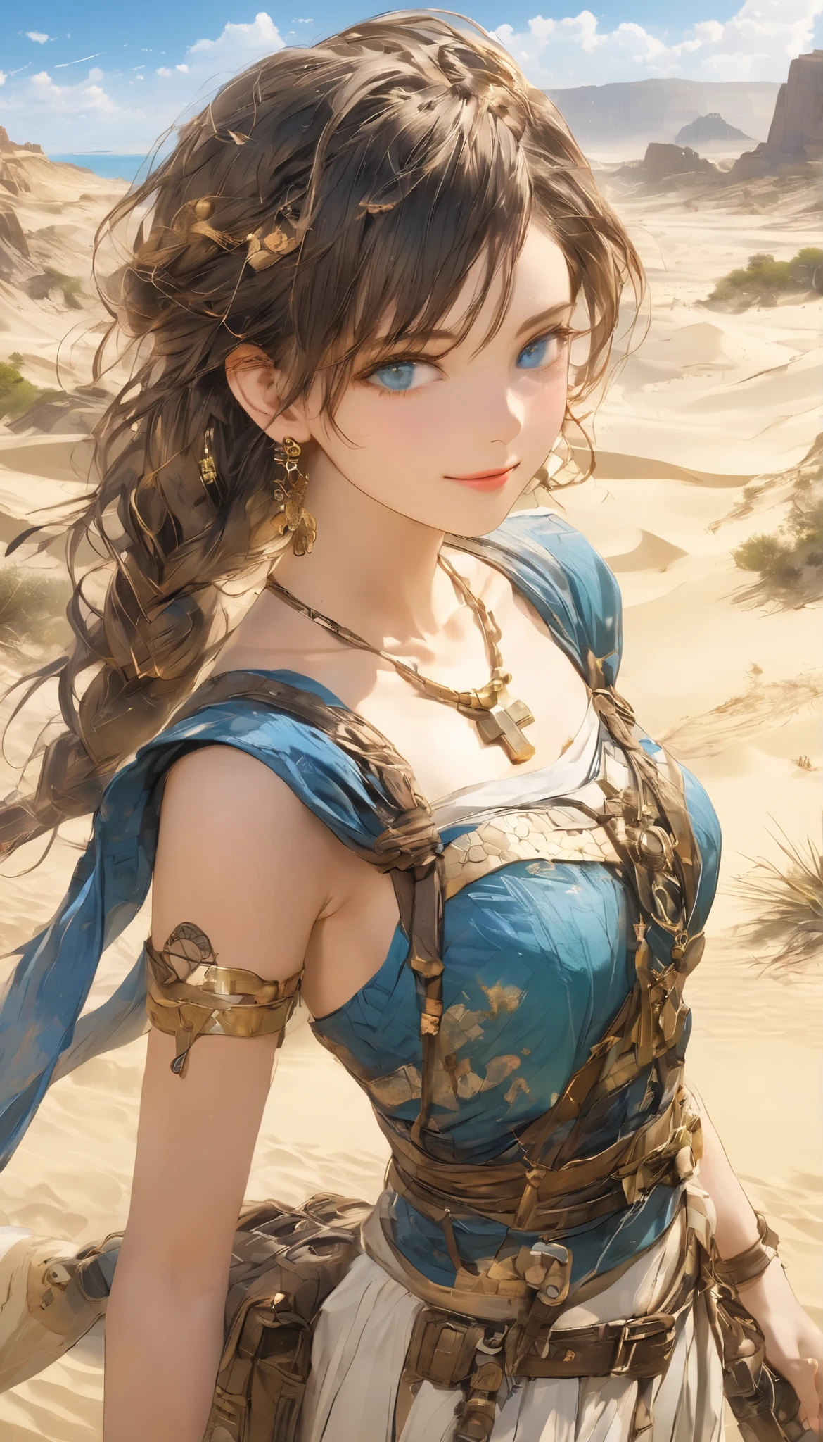 Tomb Raider in elegant dress in tricolor blue white red