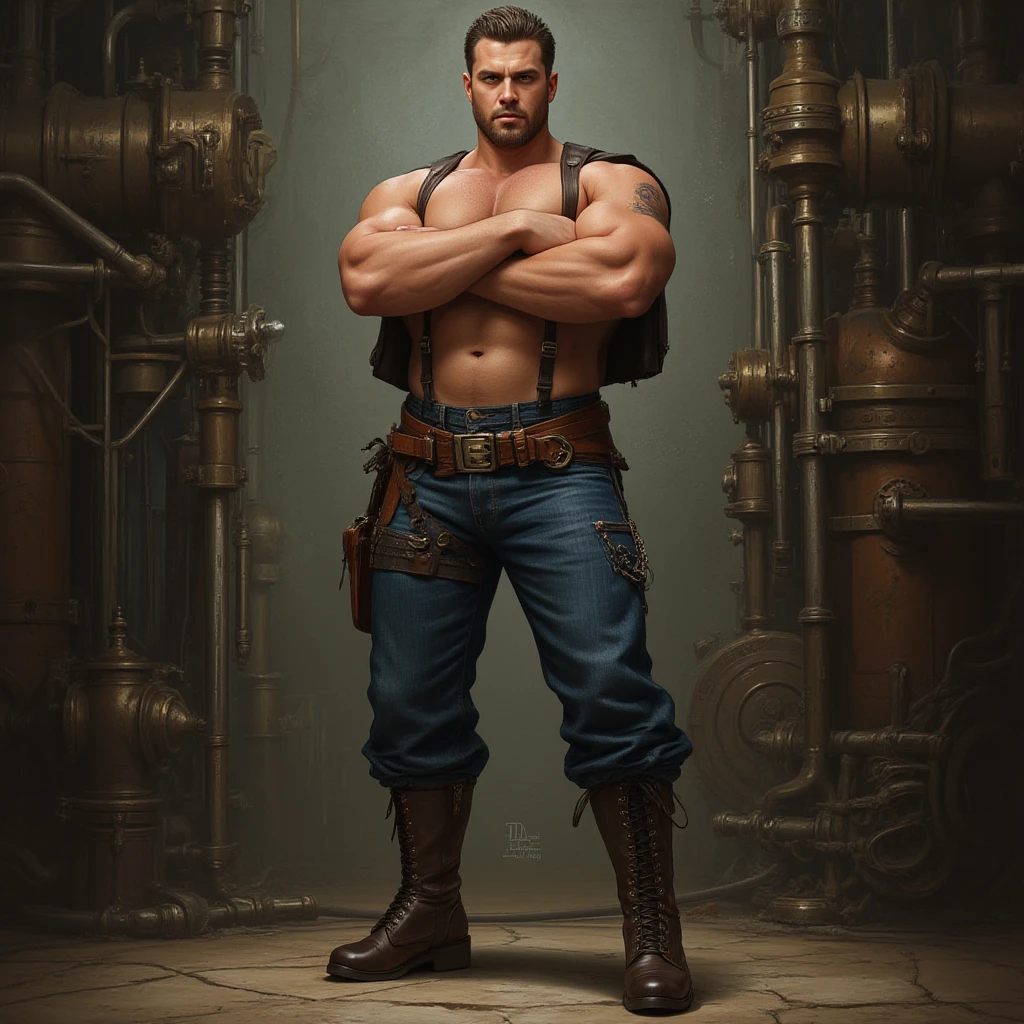 A portrait full body photograph only  jockstrap, long white socks, lot of  gears, leather collar, , two Atractive mid age heavy trucker-drivers, medium hair shaved sides, Strong, muscular, hairy big belly bodybuilder, jockstrap showing very hairy  area, large bulge, epic realistic, photo, faded, neutral colors, ((((hdr)))), muted colors, intricate scene, artstation, intricate details, vignette --auto --s2