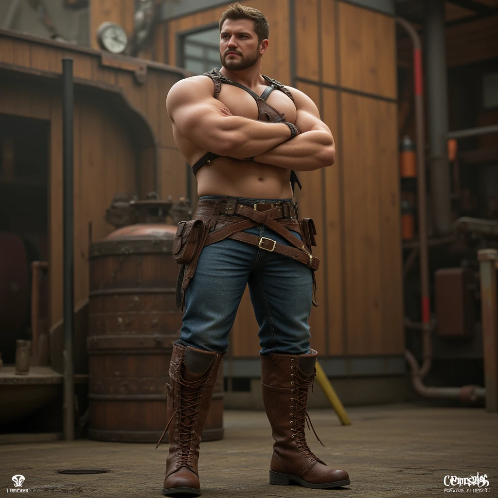 barret, dark skin male with gun arm and tattoo, sunglasses,  , ((  )) , massive  in dripping   , full body , black boots , random pose