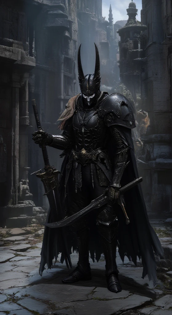 Lobo de metal, espada nas costas,4k, olhos vermelhos, armadura negra