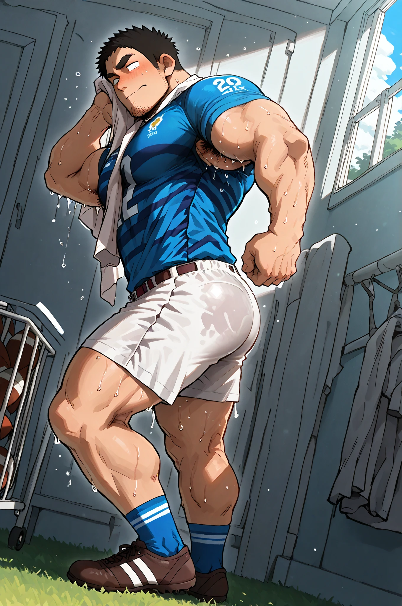 (: 1.5), (handsome Man sitting on table eating bread ),(crew cut short hair:1.8),black eye,(Wear a fitted round neck t-shirt in navy with a police badge.:1.5),(fit neck),Navy blue jeans,(black_gloves:1.2), Korean guy,chest muscles,large arm muscles,blood vessel,Big muscles,Broad shoulders, (open mouth:1.2),(face up:1.2),(close eyes:1.5), middle of the road,smile, In the bread shop, ( :1.8), ( very long: 1.6),  very Big, (Big ), ( of the : 1.6), ((very big, very long )), , hold your hand on your , () , bread in hand 