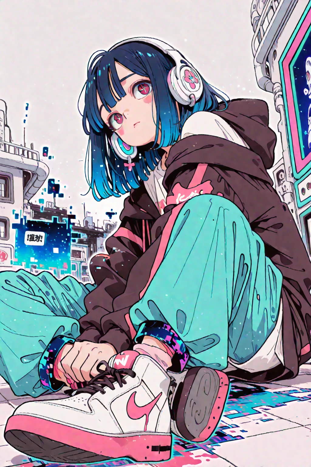 (masterpiece), Highest quality, Expressive eyes, Neon pastel aesthetics, Retro 90s, Neon color,((Girl sitting on sofa,In a cozy room,Records hanging on her wall, Comic books on the floor, Looking out the window behind her at the night city, Upholstered room, Anime figures lined up on a shelf)), Wearing headphones, (All around her it sparkles), (wearing thick colorful sneakers), (blue eyes), (Soft look), (Synthwave Art Style), Colorful Hair, Desk with PC set up