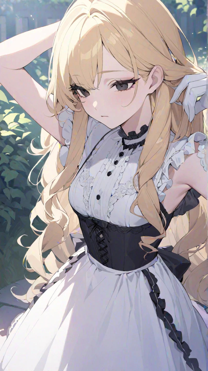 ((2D Beautiful Girl、Beautiful illustrations、Highest quality、Perfect fingertips、Perfect 、Perfect outfit、Beautiful illustrations))、Very delicate and beautiful、I、Beautiful and fine details、Gorgeous maid outfit、(((Frilled leotard costume)))）、Princess、、Laughter、Bright and sunny royal garden、young、16 years old、Full body description、