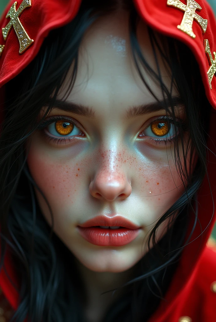 Standing in the forest、Hair flow、 ((highest quality、masterpiece、8k、Best image quality、Ultra-high resolution、Award-winning works)、(Accurate :1.1)、(Look at me and smile:1.1)、Shining fair skin with Ultra-high resolution、The most detailed face、Ultra-high resolution detailed face、Ultra-high resolutionの髪の毛、(Ultra-high resolution eye:1.1)、Beautiful face drawn in every detail、little red riding hood　Costume , Chest to chest,  Strange atmosphere, A real werewolf stares at her...., Dark Light, in the forest , Heavy makeup 