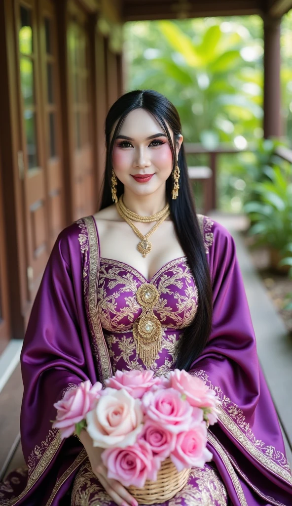 Hyperrealist portrait of female indonesian big wearing opened white balinese kebaya, long straight black hair, by david hockney and alphonse mucha, fantasy art, photo realistic, dynamic lighting, artstation, poster, volumetric lighting, very detailed faces, 4 k, award winning,, 1girl, in the dark, deep shadow, low key, super details, view full body modeling pose
