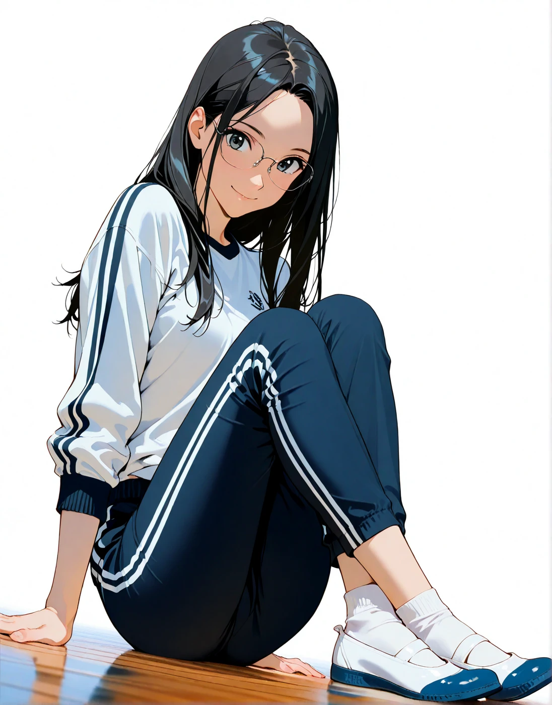 Pretty asian woman, bright silver hair, long hair, green eyes, busty, sweat pants and a white t shirt, cute, sitting on a wooden barstool ,empty background, pretty smile, anime style, full body photo, facing to the right