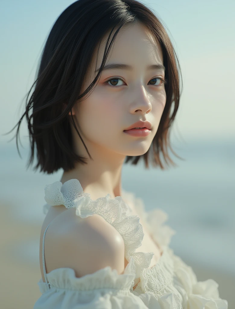 (Skin details:1.4), (Smooth skin texture:1.3), Direct vision, earrings, serene, calm, (Realistic and detailed eyes:1.2), Natural skin texture, Realistic facial details, Soft dramatic lighting, Vivid details, 35 mm film, outdoor, (Photo actual:1.4), (hyper actual:1.4), (actual:1.3), (Smoother lighting:1.05), (Improve lighting quality:0.9), (Highest quality real skin textures:1.4), Exquisite eyes, Delicate face, (Close-up of face, (Enhance the beauty of skin texture:1.1), Hair details, Noble temperament, Normal body proportions, Seaside background, Portrait Photography, Depth of Field, Bokeh, Surrealism, Ray tracing, (Portrait Photography:1.1), Surrealism, high detail, chiaroscuro, ray tracing, reflection light, UHD, UHD, masterpiece, textured skin, super detail, high details, high quality, best quality