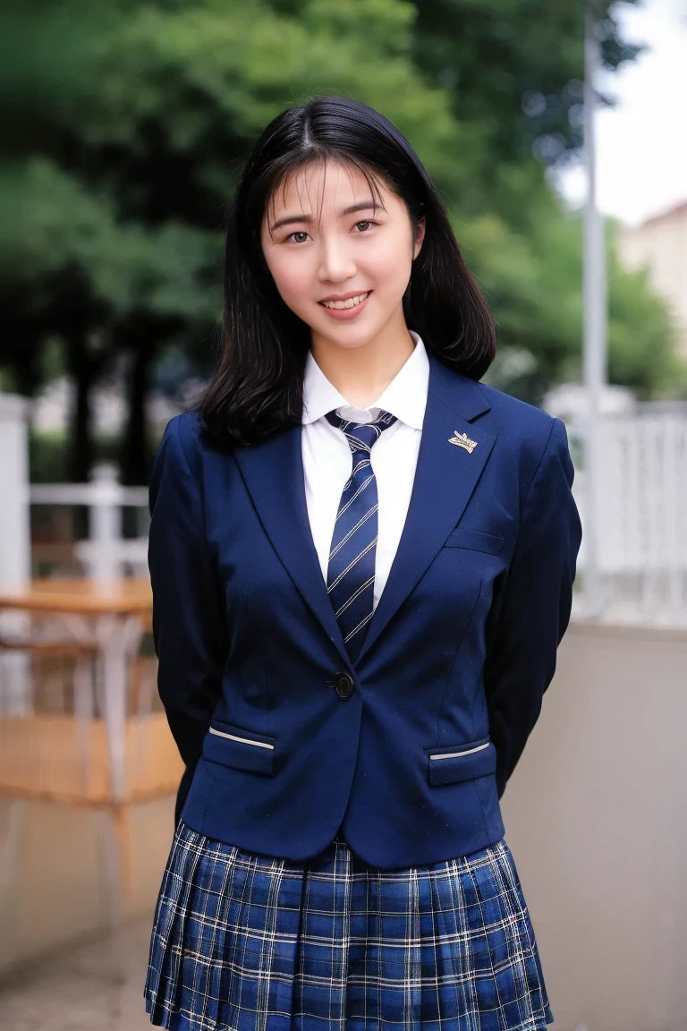Young girl in dark blue blazer uniform with school emblem on ,standing in the park, Ties are regimental,finely detail, beautiful detailed women,flat , A dark-haired,Looking here, is not open,Full body like,a smile,showing teeth,Shown up to the tips of the feet