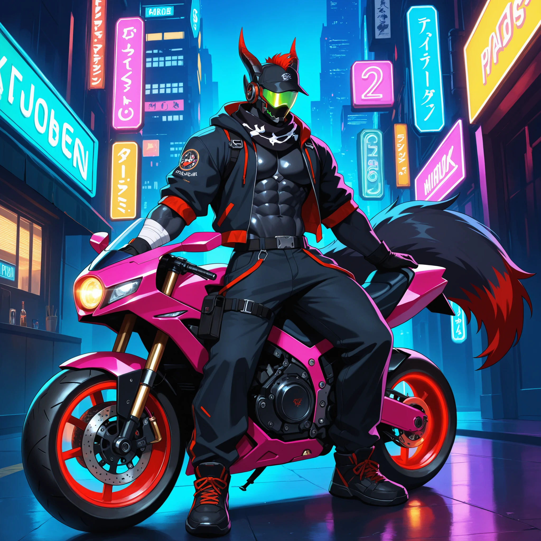 Dragon, male, solo, anthro, city, , , (small neon cyberpunk jacket), (listening to music), headphones, vaporwave, detailed lighting, (neon cyberpunk striped sweatpants), (Saturn (background), SFW, dragon tail, detailed shading, (dynamic blur (background)), spacepunk, pink , thick legs, stockings, tail up, slim.