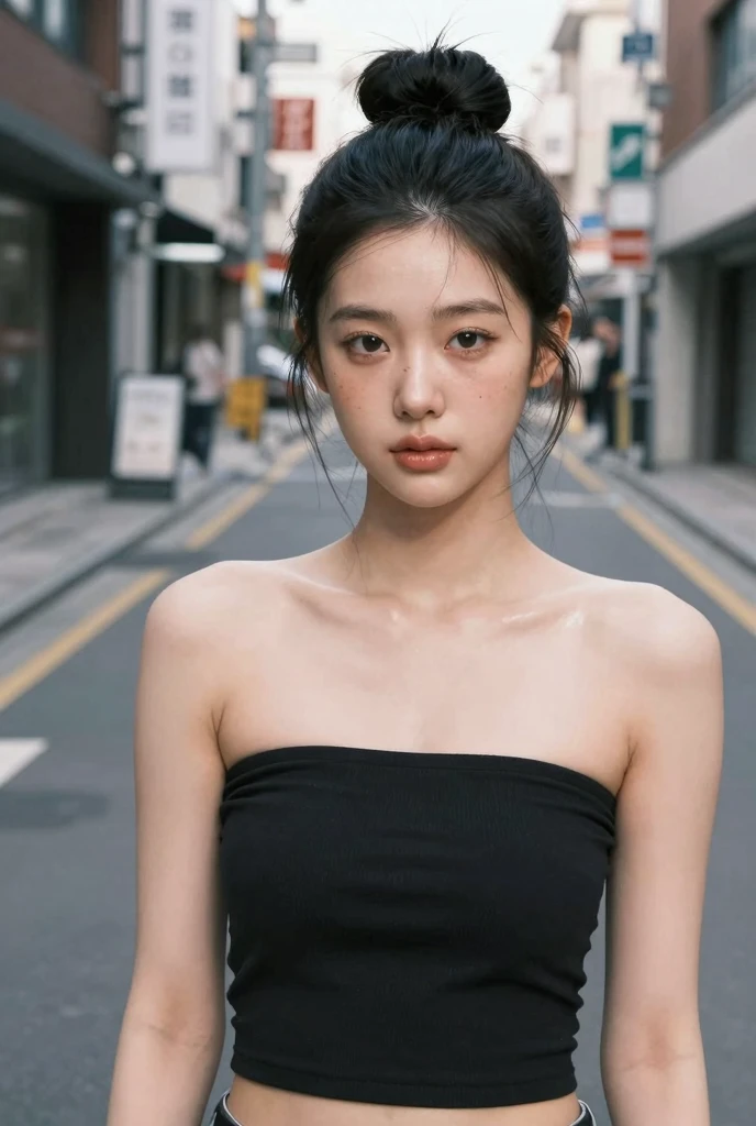 (((best quality))),(((ultra detailed))),(((masterpiece))),illustration,1girl,slim,sun-kissed skin,strapless vibrant rose-pink ,short ponytail,flat ,standing, bustling city streets, honking cars,surrounded by crowded crowds, colorful advertisements,grilled skewers,enjoying sights and sounds,(dark black skin:1.5),day scene,close-up of face