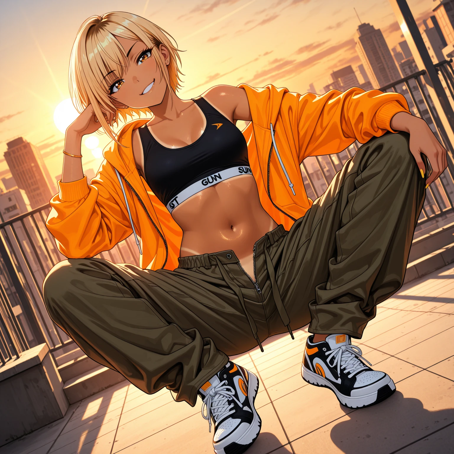 10-year-old girl with short wavy blonde hair, hazel eyes, flat , wearing a white tank top with a colorful print, hazel Bermuda shorts, posing sitting on a staircase with graffiti, upper body, concrete staircase background with graffiti in a skate park, palm trees, depth on field, Dutch angle, afternoon light, evening, sunset, los angles