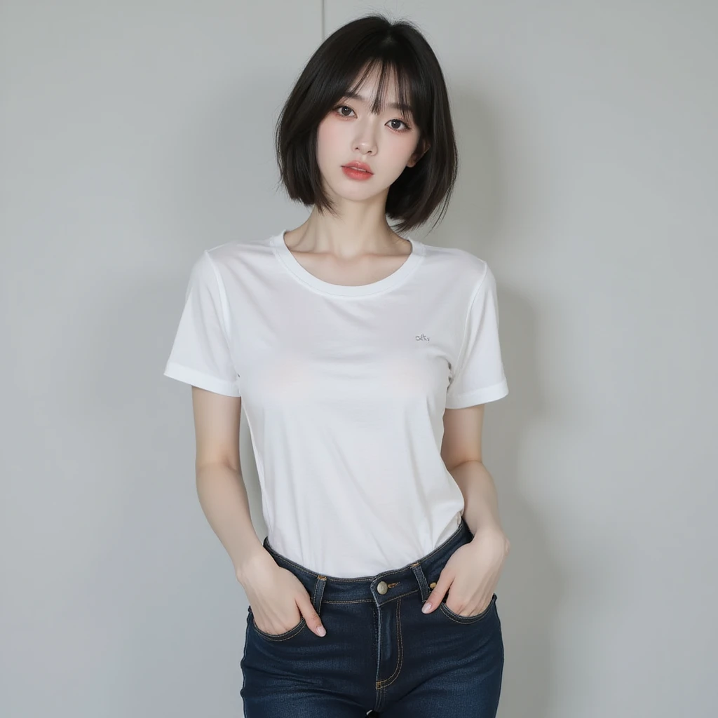 a woman wearing a black shirt and black denim shorts with long black hair she is in a small, empty room with gray walls she is sitting on the floor with her back  there is a light bulb that is coming from the ceiling with a very long wire to it woman is holding the lamp by the cord close to her face the lamp is on illuminating the room, the entire image has a slightly grayish tone the perspective of the image is frontal where we can see the woman and her dark brown eyes, she wears makeup around her eyes, the floor is woody.