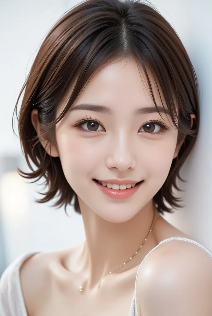 (highest quality、8K、32k、masterpiece)、(realistic)、(Photoreal:1.2)、(High resolution)、Super detailed、very beautiful face and eyes、1 girl、round and small face、thin waist、delicate body、(highest quality、high detail、Rich skin details)、(realistic、realistic:1.37)、bright colors、(((brown hair)))、(((bust shot)))、(((medium hair)))、(((thin eyebrows)))、(((With stylish hairstyle)))、(((pure white wall background)))、(((pure white wall background)))、(((smile)))、(((Wearing a striped camisole)))、(((brown hair)))、(((I'm combing my hair with my right hand)))、(((Grey and white camisole)))