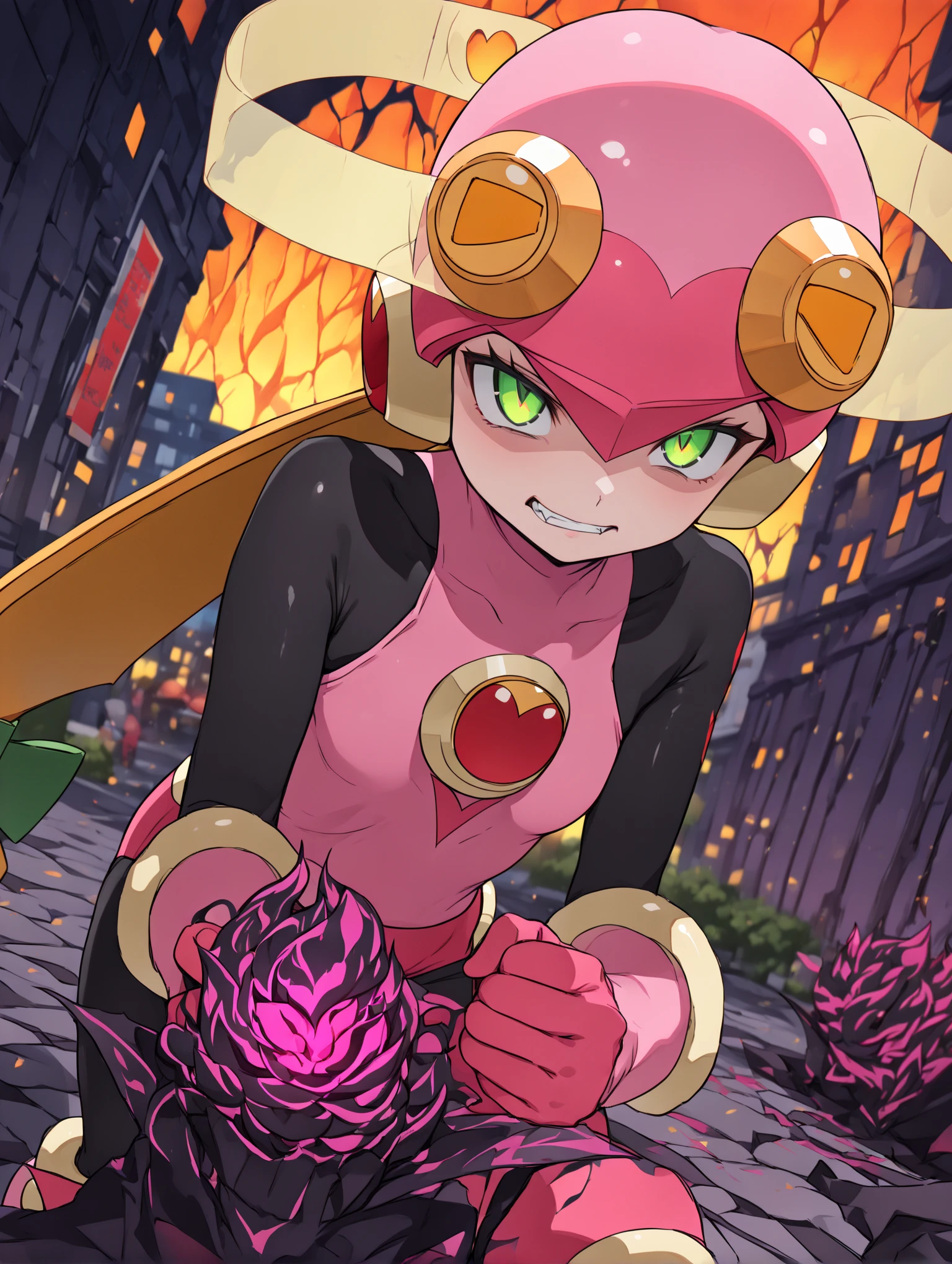 score_9, score_8_up, score_7_up,
<lora:RollexeMaylSakuraiPonybyRR-10:1>, roll.exe_(mega_man), helmet, pink , green eyes, long hair, pink gloves, knee boots, pink boots,
1girl, solo, sitting, v, smile, open mouth, full body, looking at viewer,
cowboy shot, outdoors, street,