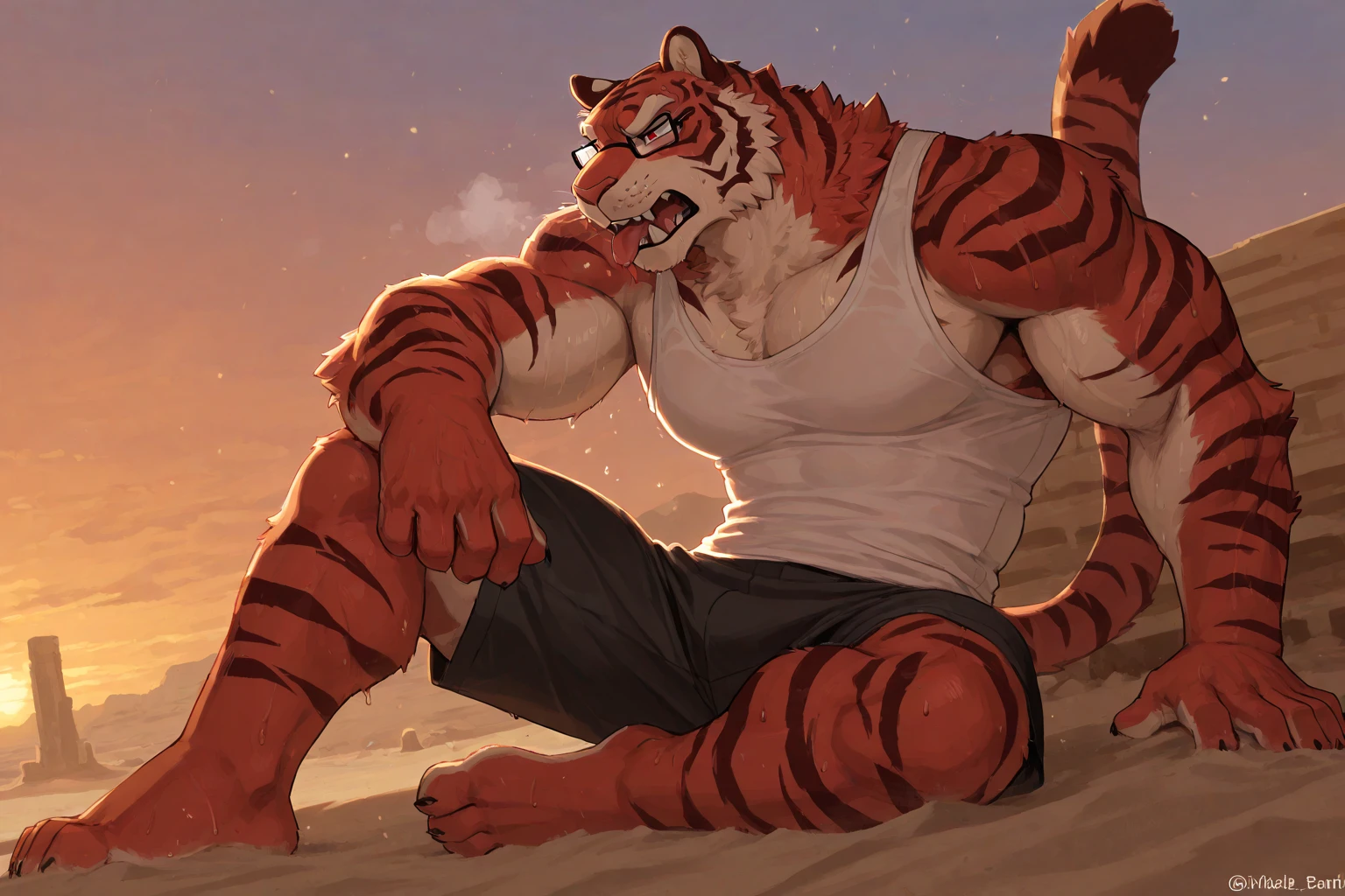male，tiger，personification，Broad chest muscles，Broad shoulders，Thick upper body， chest muscles，High Detail，high-definition，masterpiece，whole body，wide angle，Maldives beaches，Run by the sea， detail optimization，Sitting barefoot on a beach chair，