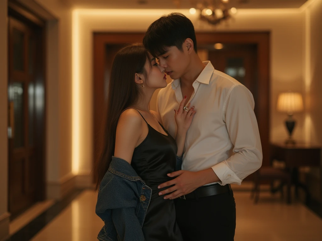 (A handsome young man and a beautiful young woman at the dinner table)(Both men and women are )(woman not wearing .Lying on the table facing the dining table. The man's skirt reaches to his waist.) (Man hugs woman's waist .Make love to her .)