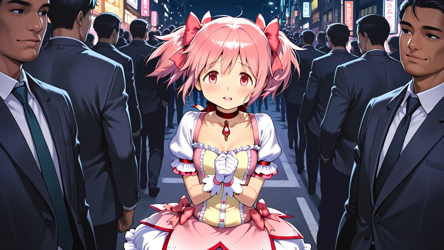 Girl with pink hair, long twin-tail hairstyle, small bushy eyebrows, dressed in gothic lolita clothes,  (Zankuro) drawing style by zankuro artist, Zancrow style, image uploaded to R34, walking to school, flirty smile, lifting her skirt to show her  wet with , standing in the middle of a crowd