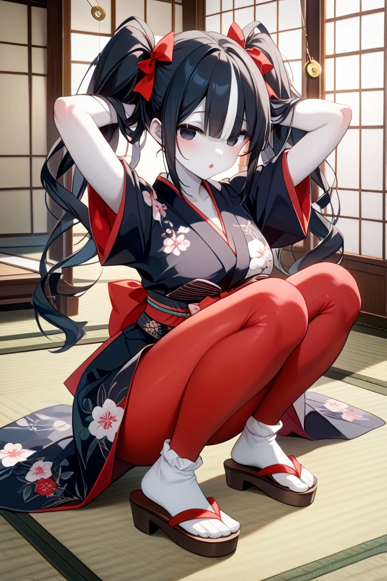 1girl, anime, black eyes, long black hair with square bangs, very long black hair, super long black hair, skirt and stockings, (((stockings))), heels, black Japanese style kimono mixed with ribbed black sweater with red accents and sakura floral design, ((ribbed black sweater)) adult, (((Japanese shoji panel walls and tatami flooring indoors))), kimono sleeves, garter, graceful, laying on bed sideways, POV view, 1st person view, close, POV, pillow, traditional bed