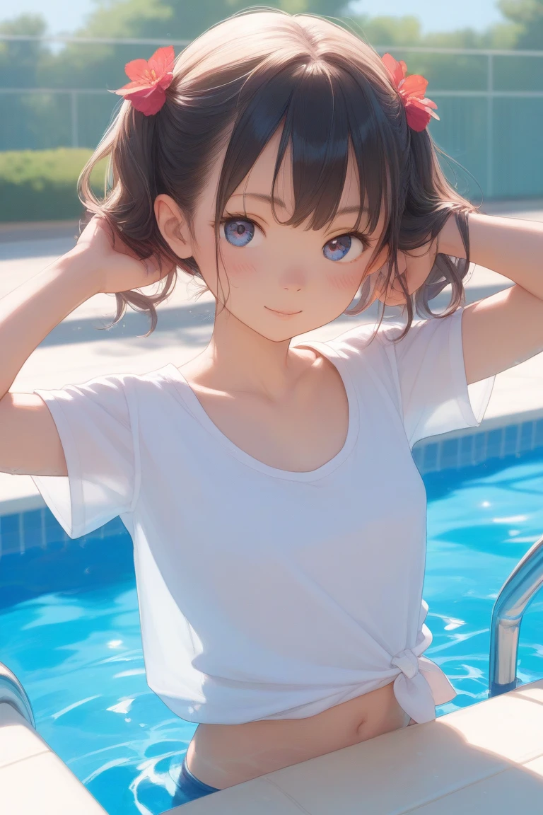 Highest quality、High resolution、Detailed Background、(Beautiful face in every detail:1.4)、Anatomically correct、(Detailed  expressions)、(Fine grain:1.2)、Teenage Beauty、Cute hair colour、Braided bob cut、((armpit)),　Junior competitive swimmer, ((Turtleneck one-piece )), Simple design without patterns, Clear sapphire glass , Small 、Perfect body line、((Full body shot)), View your viewers, Poolside, Wet Skin, School swimming pool、 I'm tired from practice and a little sleepy., Shy laugh, Gentle smile、Hands behind the body,  Fun atmosphere、Cute gestures、