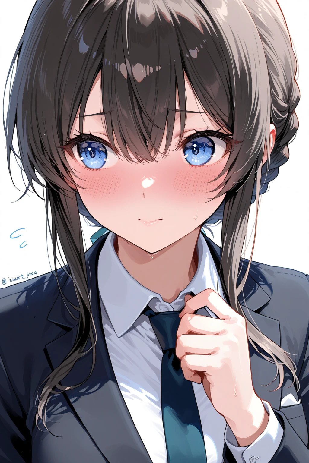 Flat Color, One girl, 一人in, tie, Double Bang, in, smile, Jacket, choker, Braiding, Hair Bun, looking at iniewer, shirt, Simple Background, Upper Body, Blue background, Manicure, Blue Claws, collared shirt, Brown eyes, bangs, blue tie, black choker, white shirt, Blue Hair, freckles, Grin, striped tie, long sleeines, , blue Jacket, twin Braidings, Raise your hand, Flat Color