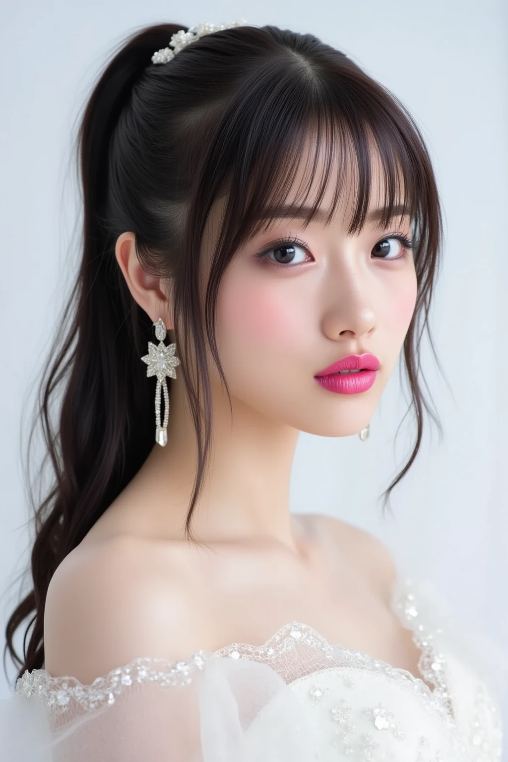 masterpiece、Highest quality、8k，Ultra-high resolution、RAW Photos、Ultra-high resolution、日本people々、beautiful girl、１people々、woman, (Flower Hair Ornaments,Braided top knot,Twisted Side Part Ponytail Braided Headband,Half Up、Braided Space Van,Voluminous fishtail braid,Twisted pan),(Asymmetrical bangs)、 Round face、 Beautiful and beautiful eyes, Lifted eyes、Heterochromia iridis、Right and left eyes are different colors、double eyelid、Thin eyebrows、Red around the eyes、Rich dreamy make-up、Thin lips, (Tight summer knitwear that clings to the breasts、Off the shoulder(Pink))、A kind smile,  Professional photography, Cinematic Light, (Very beautiful face: 1.2),(Big Breasts:1.4)、Deep cleavage、Voluptuous thighs、A photo showing you from head to knees