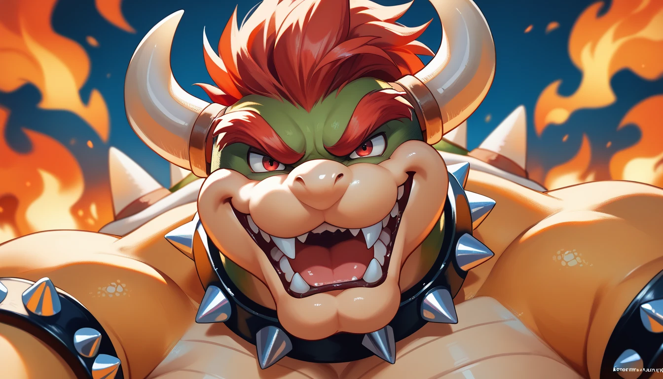 Browsing Caution。Super muscular Bowser from Super Mario Bros。Men having 。With legs spread in an M-shape。Tied behind your back。A desperate and painful look。Mouth wide open and tongue sticking out。Red and black huge  。 spurting out of the 。