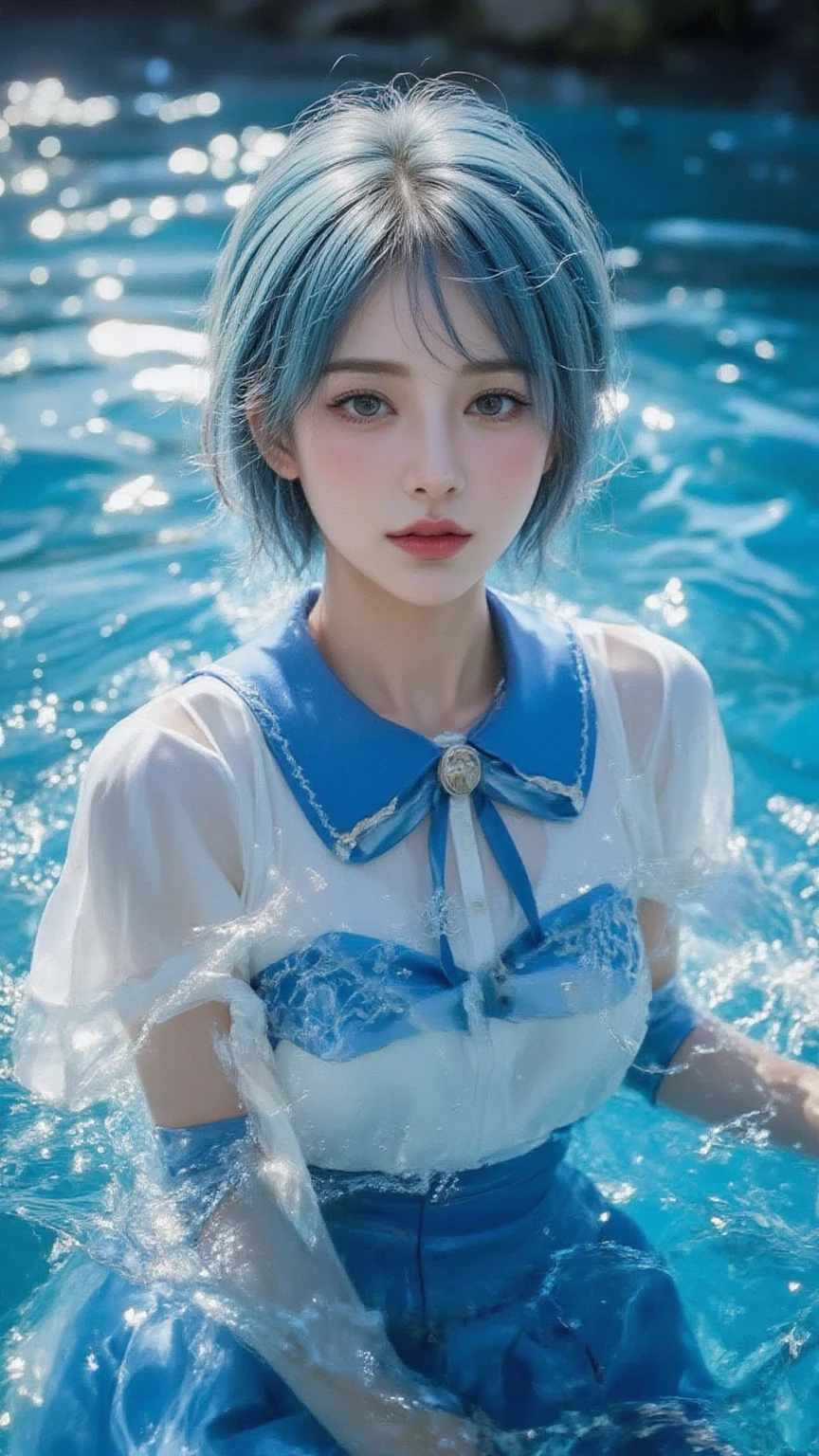 Cute Korean face，Innocent face，blue color eyes，A pink-haired，Blue hair ends，Qi bangs， light and shadow，plain face，cinmatic lighting,Masterpiece, Super detail, High quality, High details, A high resolution, 4K, Award-Awarded，water bubbles，airbubble，Cinematic lighting, shadowing, filmgrain,，monochrome,escala cinza,a sketch,Realistic,Photorealistic，Bandeau off-the-shoulder dress，Oversized bow at ，Dark blue sleeves，Light blue clothes，ocean floor，blue color eyes，There are small fish，Dark blue lace collar trim，closeup fantasy with water magic, cosplay, Guviz,airbubble，Guviz-style artwork，Underwater world，elegant floating pose, A pink-haired，Blue hair ends，cinmatic lighting,Masterpiece, Super detail, High quality, High details, A high resolution, 4K, Award-Awarded，water bubbles，airbubble，Cinematic lighting, shadowing, filmgrain, Artistic portrait of a girl，Gorgeous light and shadows,Realistic,Photorealistic，Cute Korean face，Innocent face， light and shadow，plain face，Light blue skirt，There is a huge bow on the 