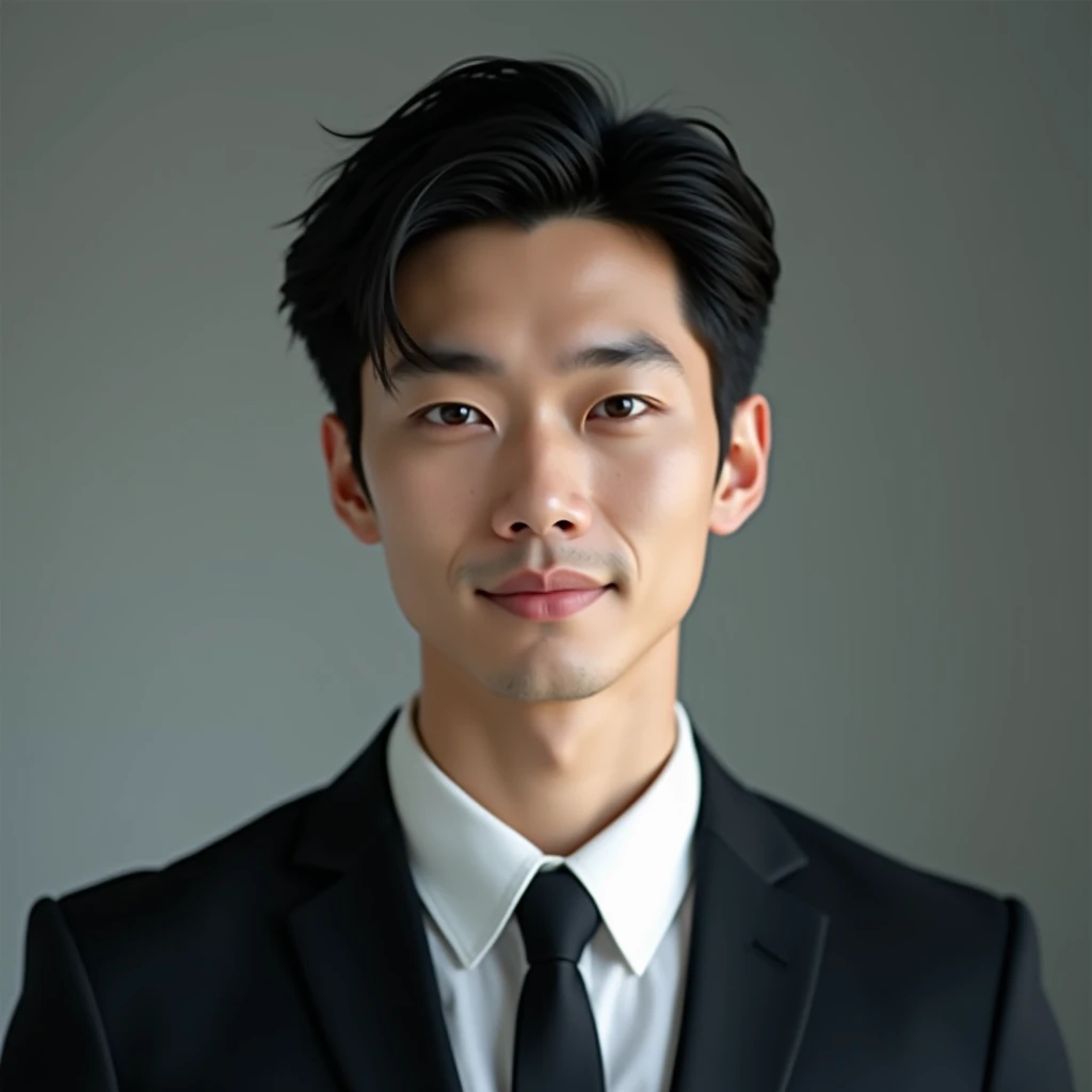 (photorealistic:1.3), best quality, 8k, ultra-detailed, 1 boy, 30 years old, Chinese male executive, short black hair, clean and sharp face, cold but gentle eyes, black suit, white shirt, looking at camera, front view, portrait, soft office lighting, clean background, sharp focus, mature, handsome, elite temperament