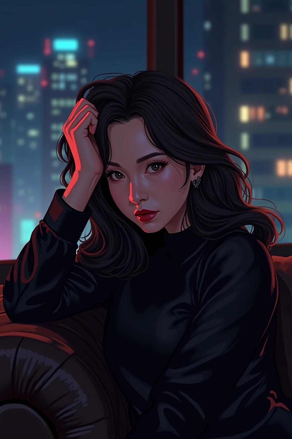 The late-night penthouse，The character is half leaning on a well-textured leather sofa，The background is blurry urban neon lights。The cool ambient light intertwines with warm interior light on the character's face，She gracefully supports her head，The eyes reveal an alienating yet inspiring charm，The painting style is very modern and stylish。