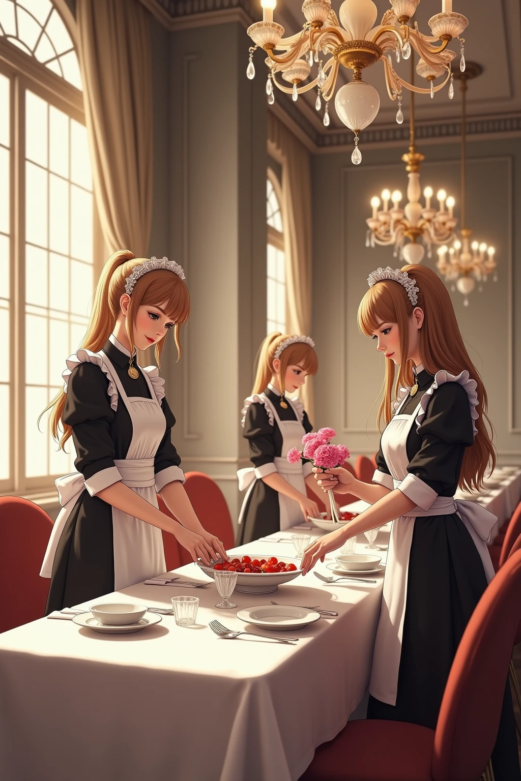 in a beautifully decorated classical restaurant，Three young girls in gorgeous maid outfits are working hard to do business。Some of them are arranging dishes，Some are putting flowers on the table，Elegant and professional。Soft crystal chandeliers shining on them，to create a dreamy yet realistic hard working atmosphere，Detailed，Excellent texture。