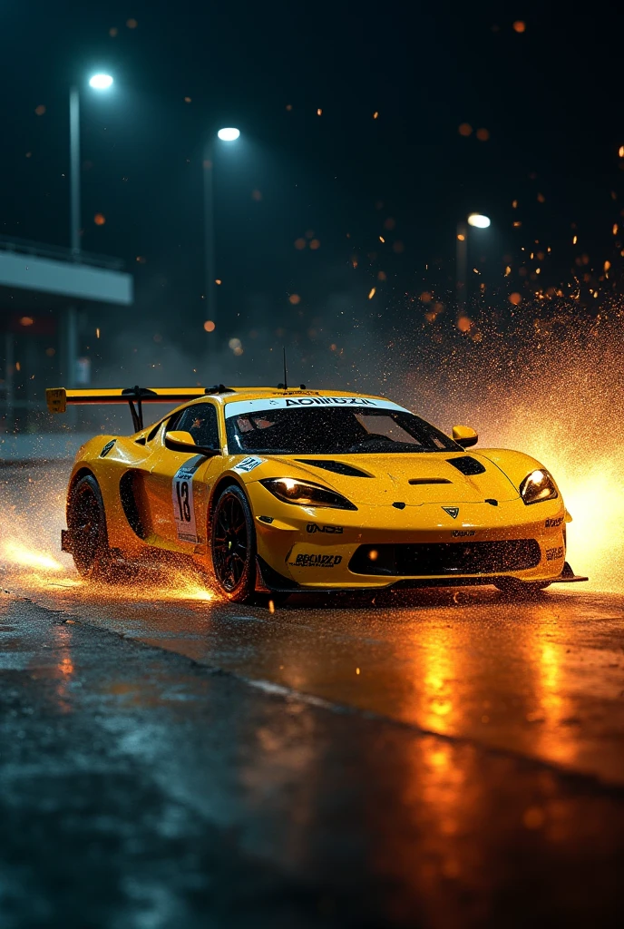 The decisive moment of the yellow racing car，lightpainting，Bullet time，overtaking a corner at night，Small Grained Gravel Splashes。Car Light Trajectory，high speed，motionblur，Dynamic Movement and Energy，Original Unfinished Style，An Ultra Realistic Masterpiece，Original photos，32K，High dynamic range。