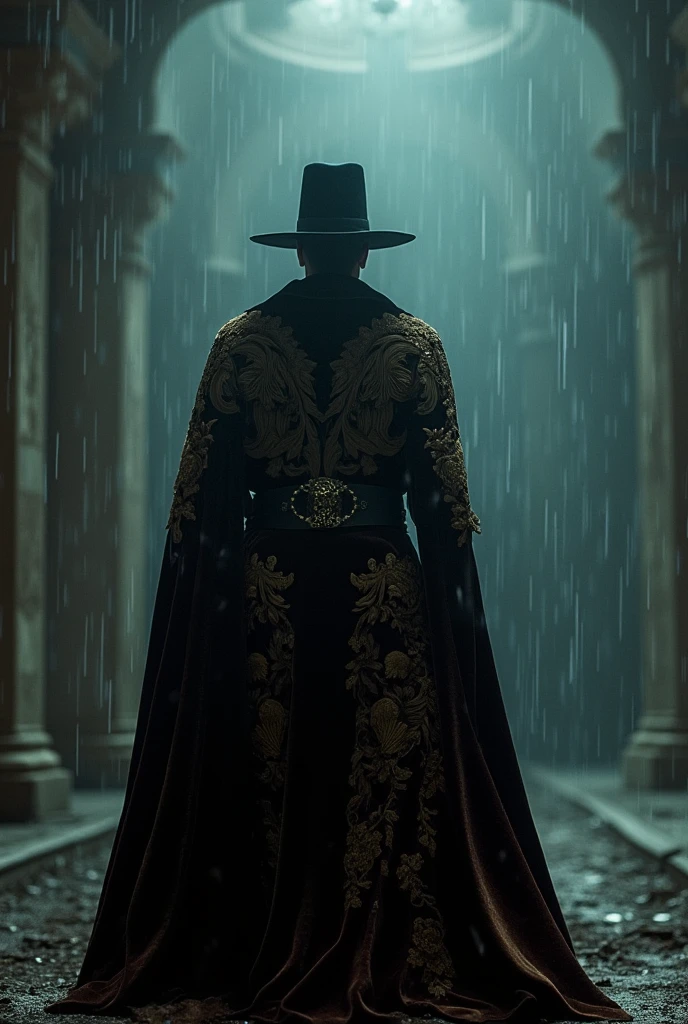  Cinematic quality ，A ruthless wilderness lone ranger wears a heavily embroidered velvet cape，Confronts opponents at an abandoned Grand Theatre in the midst of torrential rain，The collision of black humor and baroque aesthetics，Strong contrasting light and shadow，Epic composition。