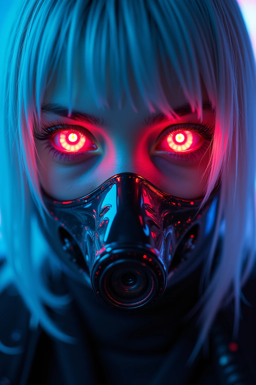 cyberpunk style close-up，the face flows through the face {x}, a girl with strange eyes with silver hair wearing a transparent high-tech mask，the iris reflects the epitome of a neon city，digital code flowing through the face，The light is colorful，Deep and mysterious，extreme picture quality