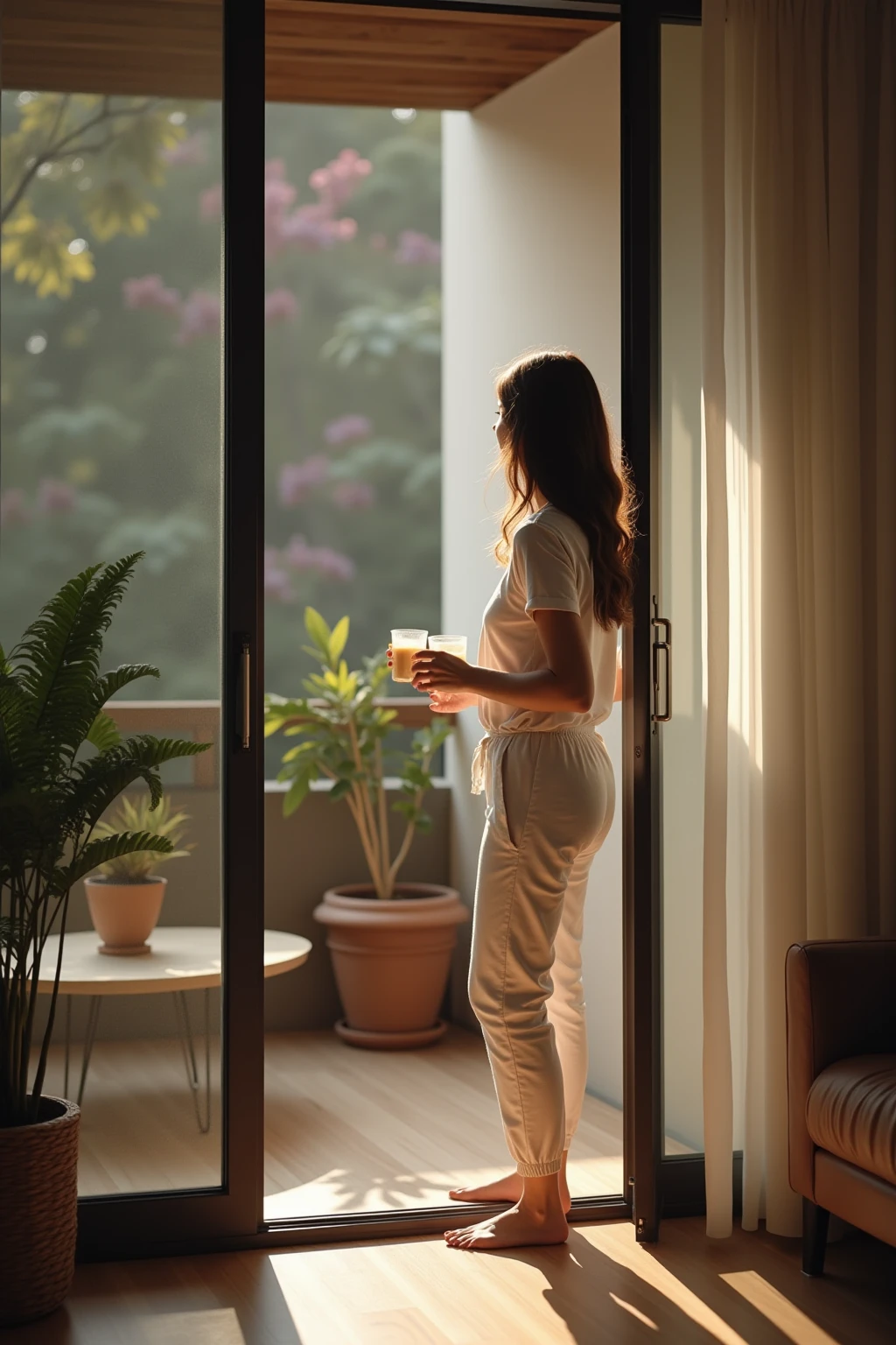 in front of the modern minimalist apartment。Afternoon time，The neighbor's sister wears casual loungewear，holding two cups of freshly brewed coffee in her hand。She naturally relies on the doorframe，Posture relaxed。The interior is rich in levels of light and shadow，showing a relaxed and comfortable neighborhood social scene of urban life。