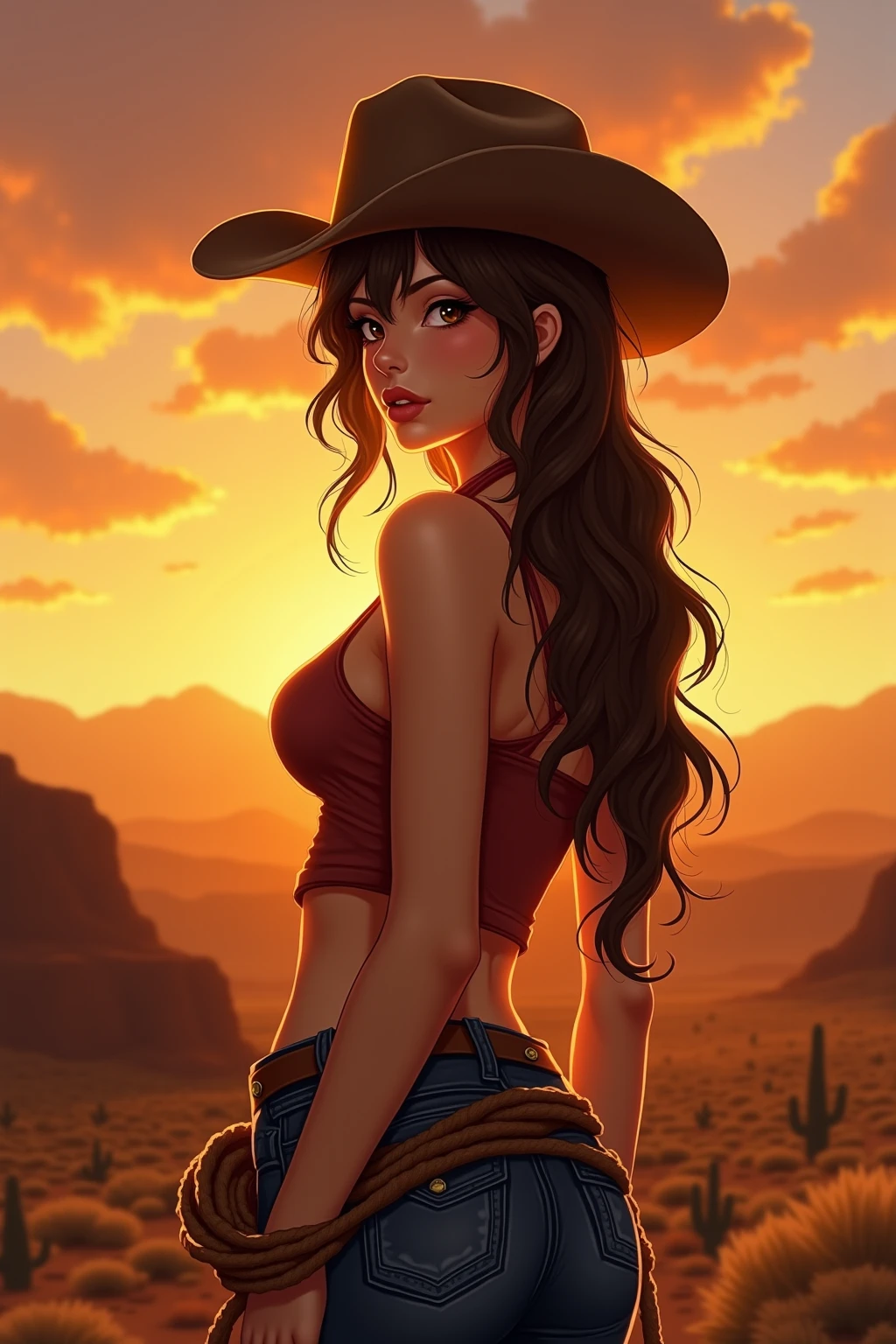  cowgirl、beautiful anime girl、cowboy hat、jaqueta de couro、skintight jeans、lasso、fine facial features、 expression、Dynamic Pose、Expansive western landscape、Dramatic lighting、golden hour、warm sunset colors、movie atmosphere、high high quality、8K、masterpiece、photorealistic、professinal、bright colors、finely detailled