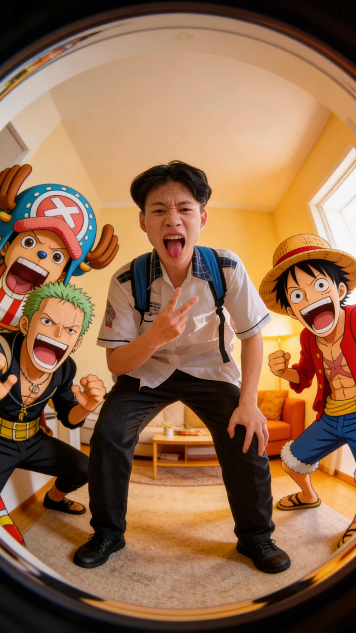 ultra realistic 9:16 vertical format fisheye selfie of me with one piece crew characters 1 we're all making silly and exaggerated wacky faces. set in a small, bright living room with tones. high camera angle. extreme fisheye distortion. realistic cinematic lighting, anime characters integrated with stylized realism.