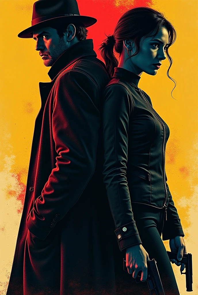 Hollywood spy thriller poster：A mysterious man in a trenchcoat and a woman in a tight jacket standing back-to-back，Sharp eyes，holding handgun。The background uses multi-scene narrative and double exposure。in pop art style，Thrilling suspense。deep blues、Black、Red and yellow tones，Create a dramatic effect。